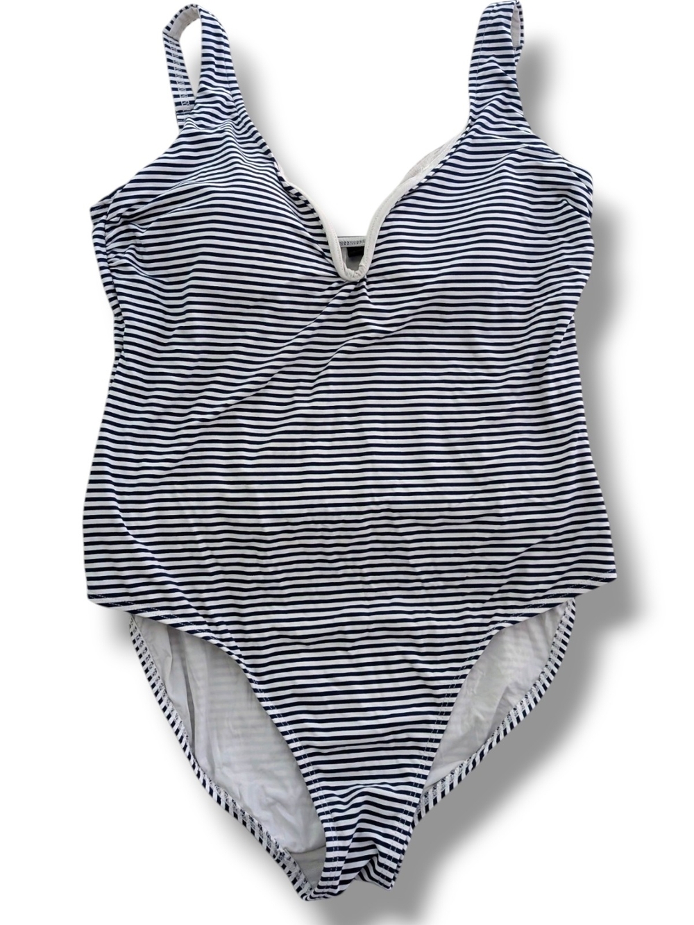 Like New Navy & White Storrento Stripe One-Piece Swimsuit - V-Neck, Size 10